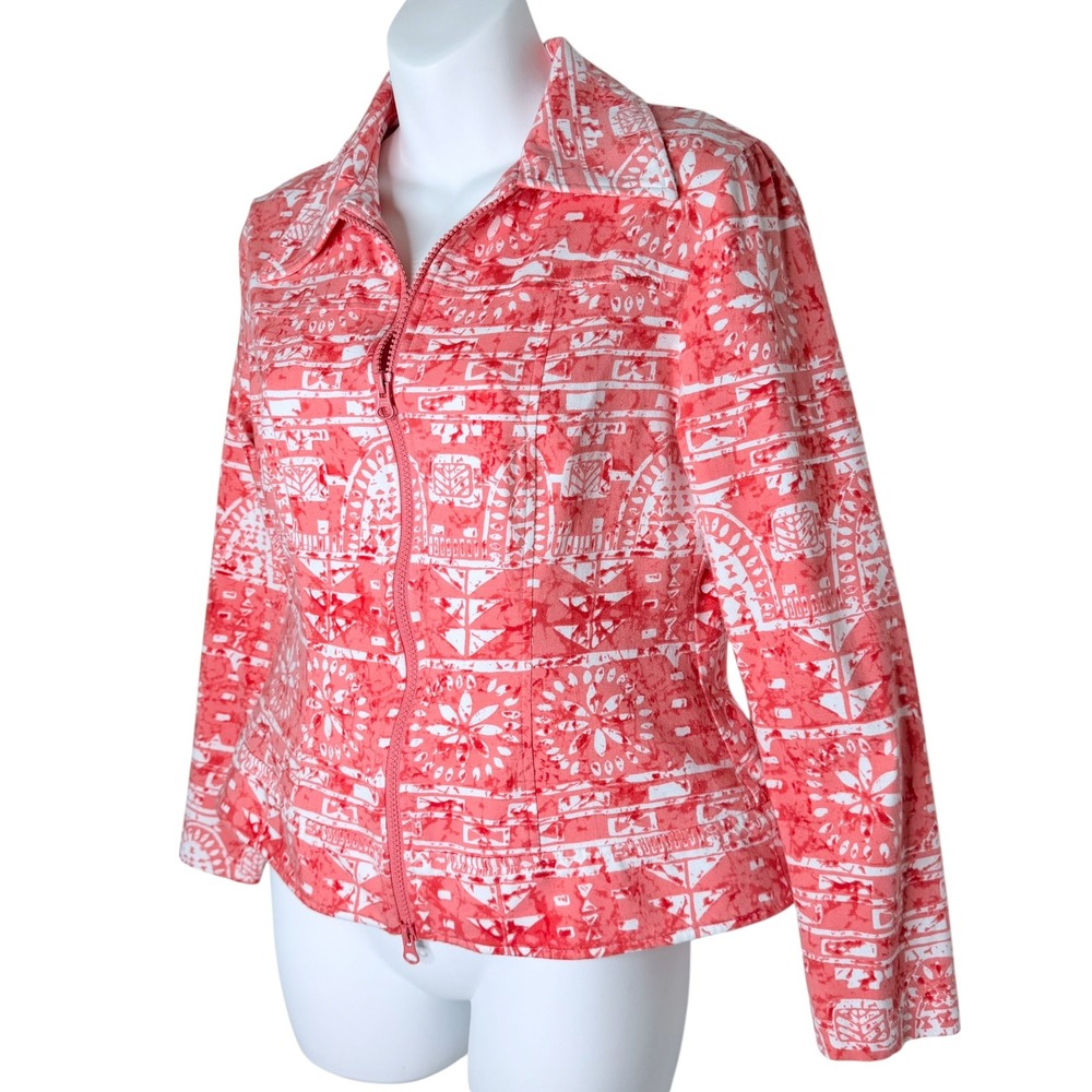 Clara Sunwoo Coral Pink White Geometric Batik Zip Up Stretch Jacket Womens Small